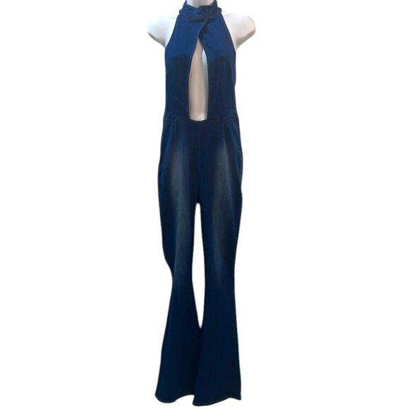 M Michel Open Back Flared Denim Jumpsuit Size Small - Picture 3 of 16